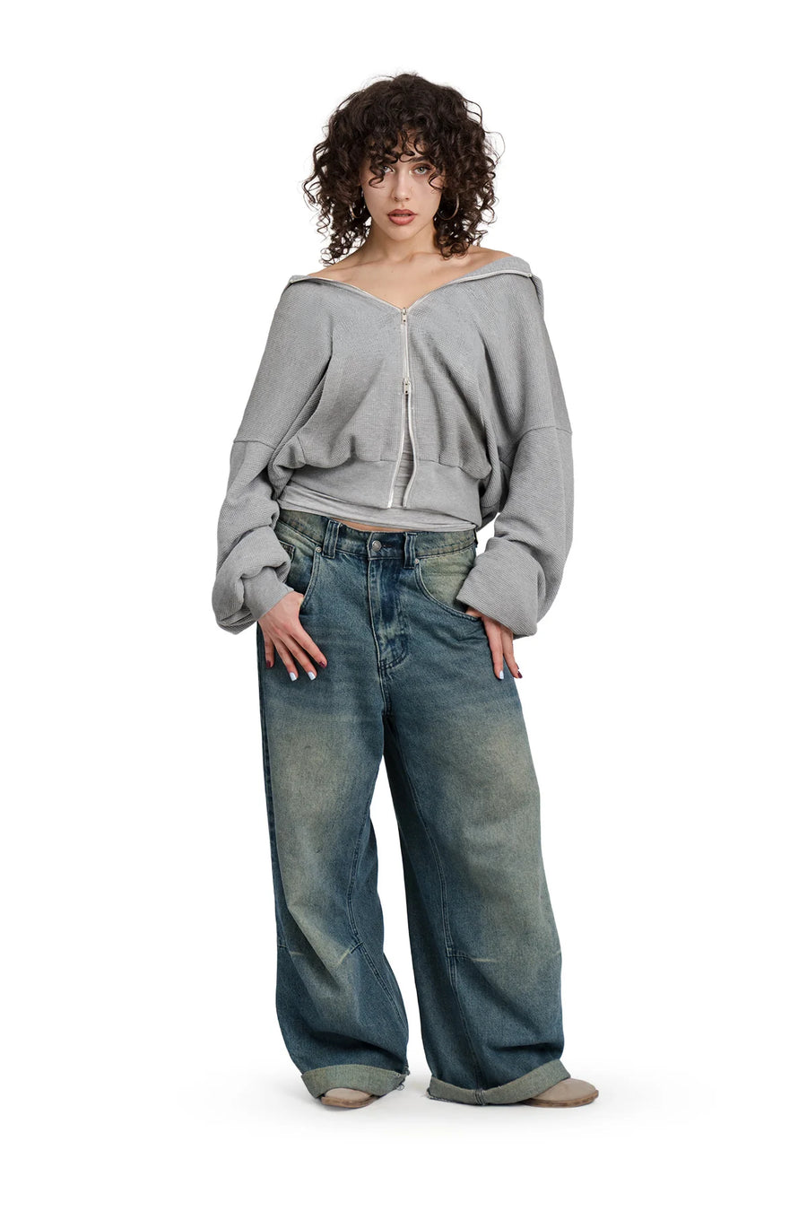 Puffy Zip Waffle Grey Sweatshirt